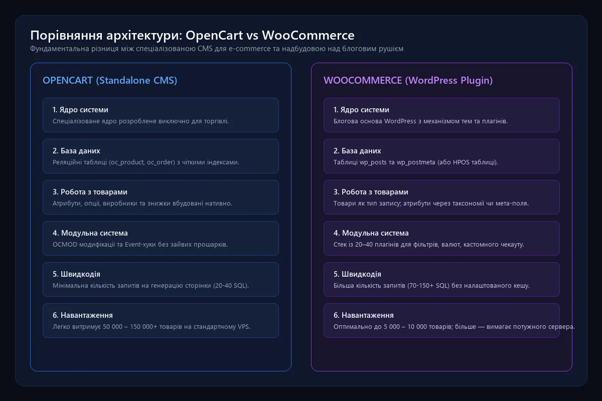 Порівняння архітектури OpenCart та WooCommerce: реляційна база даних проти плагін-моделі