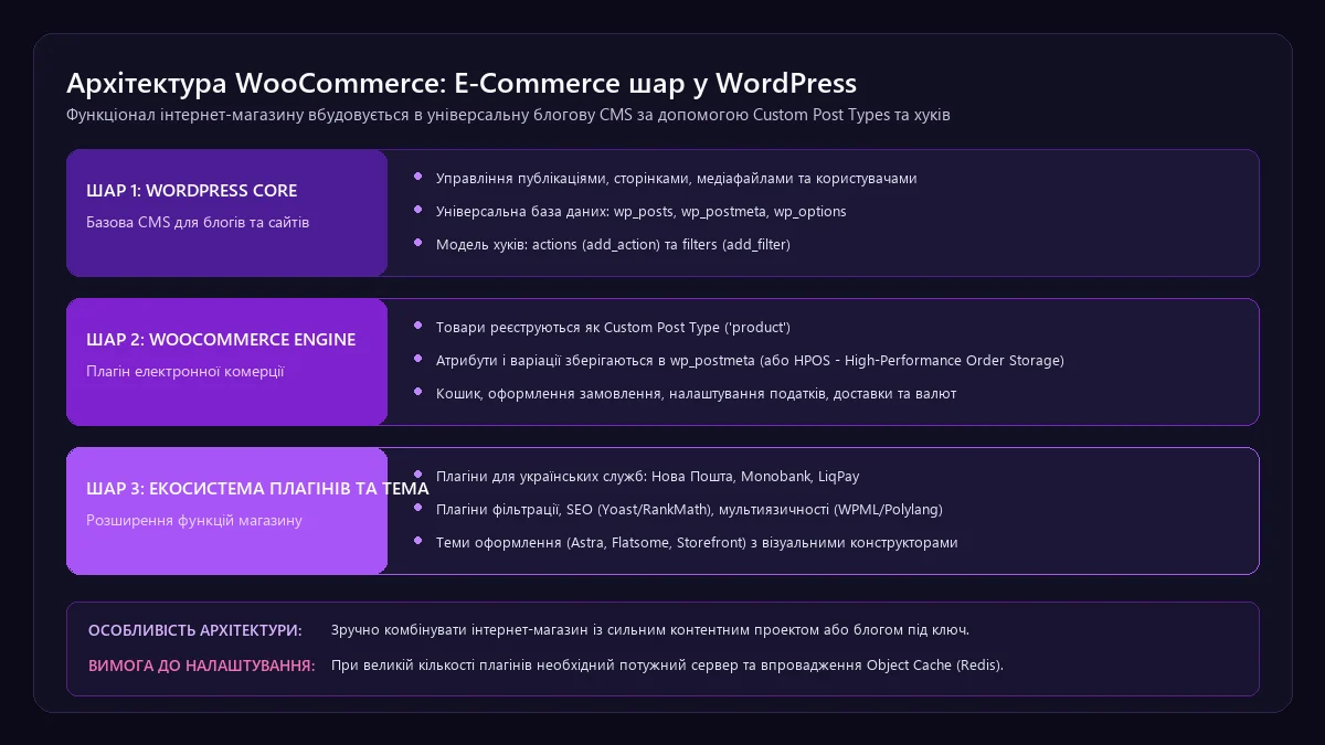 Архітектура WooCommerce як e-commerce шару всередині WordPress