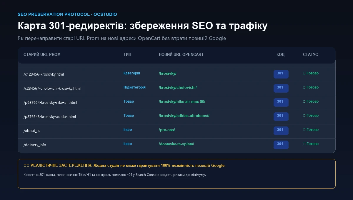Карта 301 редиректов при переносе магазина с Prom на OpenCart